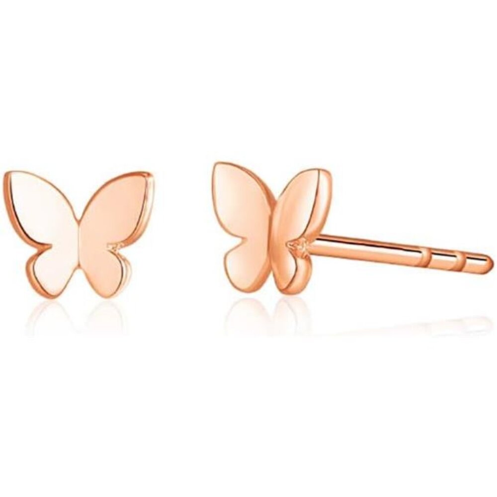 Sterling Silver Tiny Butterfly Stud Earrings for Women – Rose Gold Minimalist